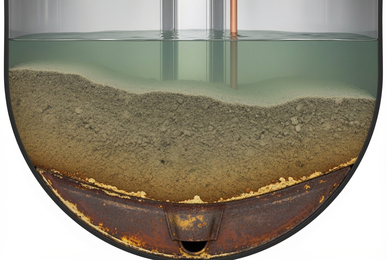 Infographic showing sediment buildup process in a water heater tank over time, with arrows indicating mineral deposits settling at the bottom, reduced heating efficiency illustrated by dimmer flame icons, and negative effects including higher energy bills, reduced hot water capacity, and shortened appliance lifespan - how to purge a water heater Infographic showing sediment buildup process in a water heater tank over time, with arrows indicating mineral deposits settling at the bottom, reduced heating efficiency illustrated by dimmer flame icons, and negative effects including higher energy bills, reduced hot water capacity, and shortened appliance lifespan - how to purge a water heater