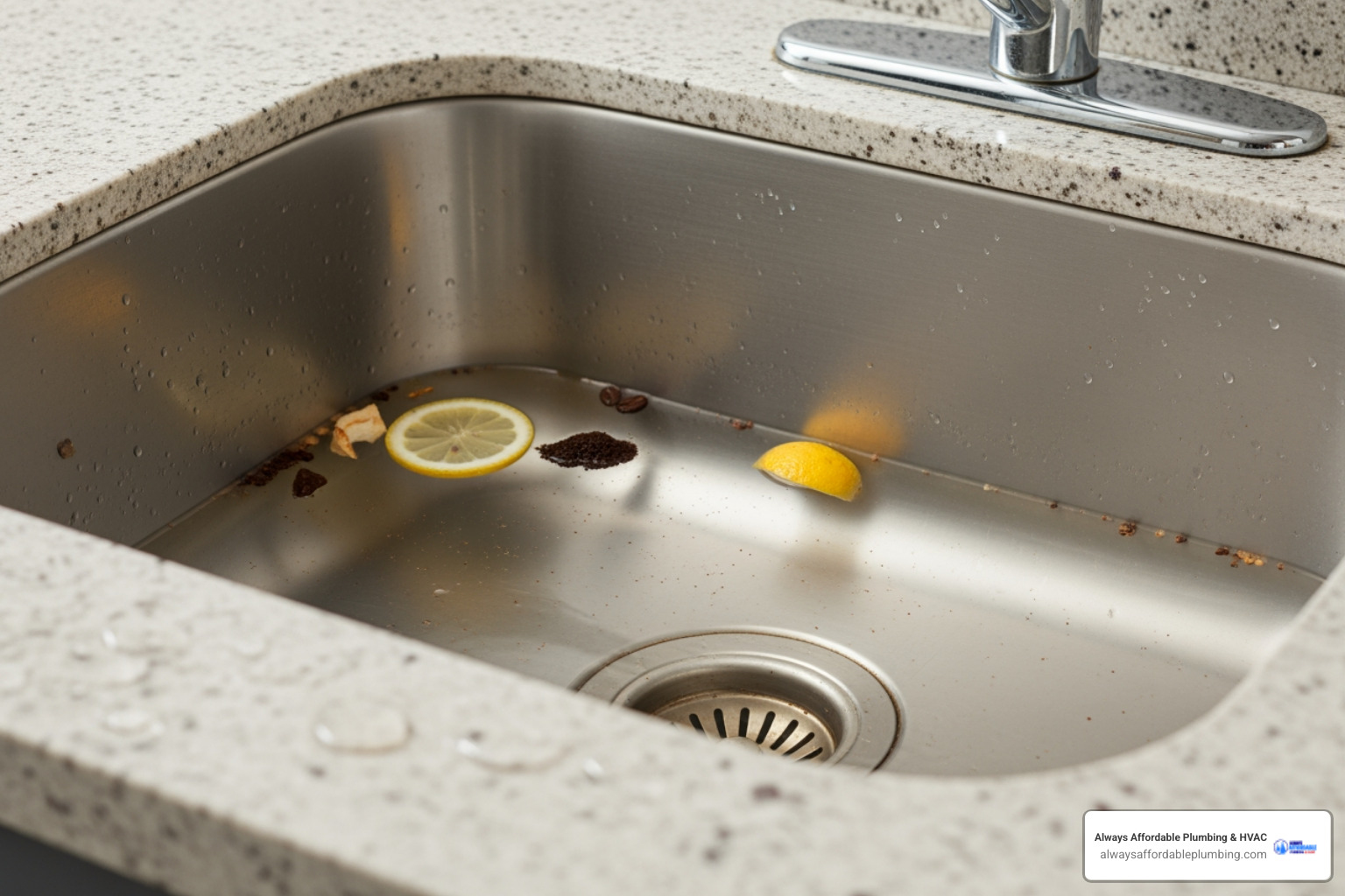 infographic showing three main causes of kitchen sink clogs: grease and fats solidifying in pipes shown as yellow buildup, food particles like rice and pasta swelling to block drains, and soap scum combining with hair and debris to form blockages - "My kitchen sink is backed up. Who does clogged drain repair in Elk Grove?"