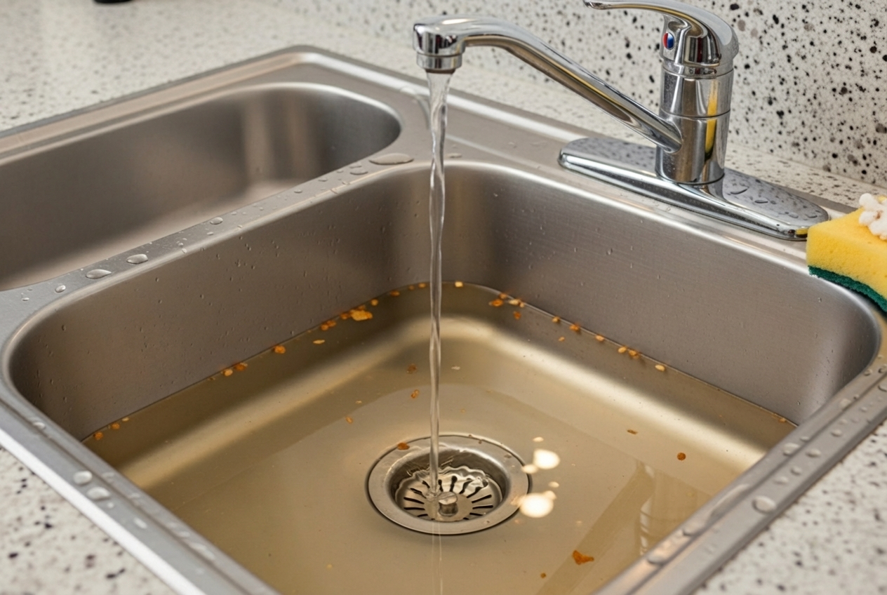 Infographic showing the warning signs of clogged drains in Sacramento homes, including slow draining sinks with standing water, gurgling sounds coming from pipes, unpleasant sewage odors, water backing up into fixtures, and tree roots near sewer lines. Visual indicators for each sign help homeowners identify when to call a professional drain cleaning service. - drain cleaning in sacramento ca Infographic showing the warning signs of clogged drains in Sacramento homes, including slow draining sinks with standing water, gurgling sounds coming from pipes, unpleasant sewage odors, water backing up into fixtures, and tree roots near sewer lines. Visual indicators for each sign help homeowners identify when to call a professional drain cleaning service. - drain cleaning in sacramento ca