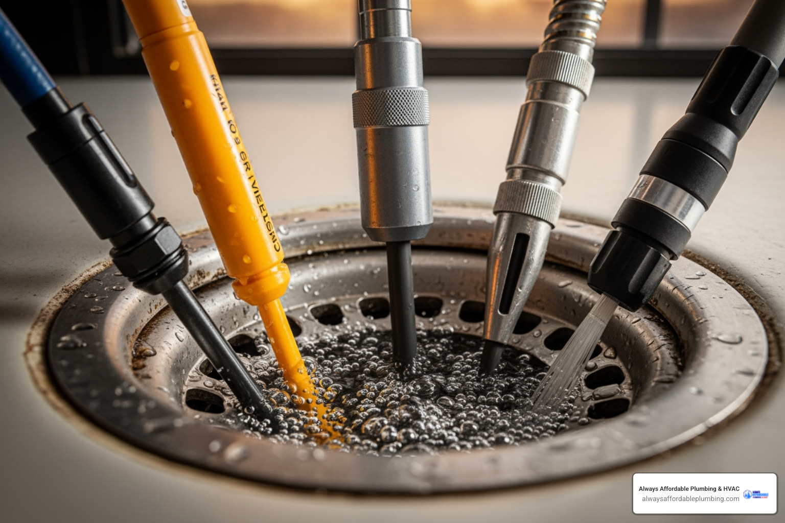 Infographic showing 5 critical drain emergency signs: sewage backup with biohazard symbol, multiple fixtures draining slowly throughout the home, gurgling sounds from drains, foul sewage odors, and visible water pooling or flooding - 24 hour drain cleaning in sacramento, ca