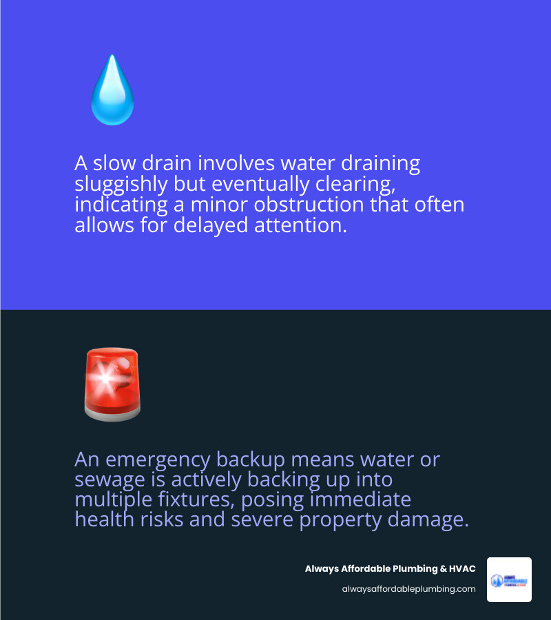 Infographic explaining the difference between a slow drain and a full-blown emergency backup - emergency drain cleaning in elk grove, ca infographic 2_facts_emoji_blue
