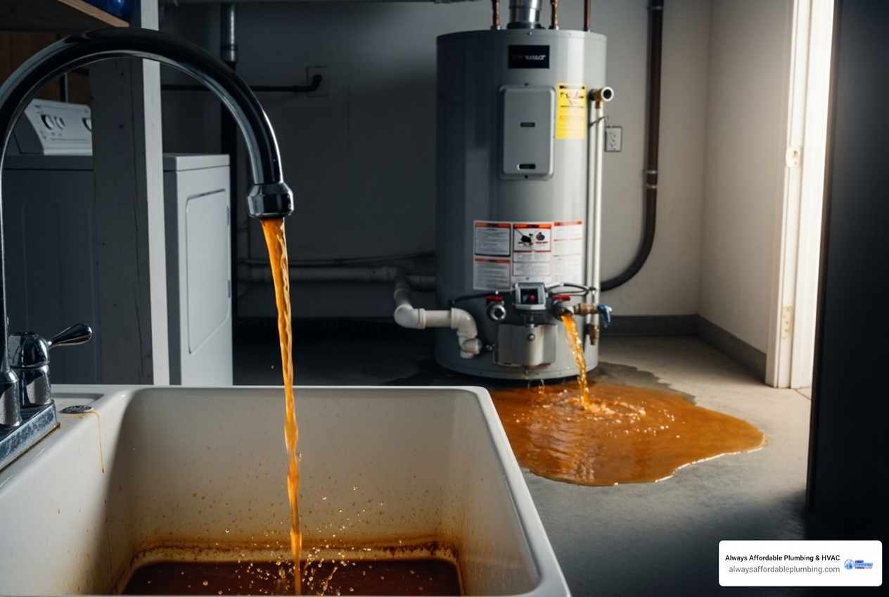 Infographic showing emergency water heater warning signs including pooling water at base, no hot water output, rusty discolored water from taps, loud banging or popping noises, error codes flashing on digital display, and natural gas odor near unit, with red alert icons and immediate action steps for Sacramento homeowners - emergency tankless water heater installation in sacramento, ca