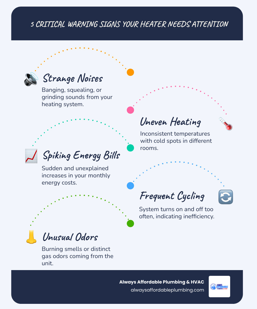 infographic showing five critical warning signs that indicate your heating system needs immediate professional repair attention including strange noises like banging or squealing sounds, inconsistent temperatures with cold spots in different rooms, sudden spikes in monthly energy bills, frequent on-off cycling patterns, and unusual burning or gas odors - best heating repair in sacramento, ca infographic infographic-line-5-steps-blues-accent_colors infographic showing five critical warning signs that indicate your heating system needs immediate professional repair attention including strange noises like banging or squealing sounds, inconsistent temperatures with cold spots in different rooms, sudden spikes in monthly energy bills, frequent on-off cycling patterns, and unusual burning or gas odors - best heating repair in sacramento, ca infographic infographic-line-5-steps-blues-accent_colors