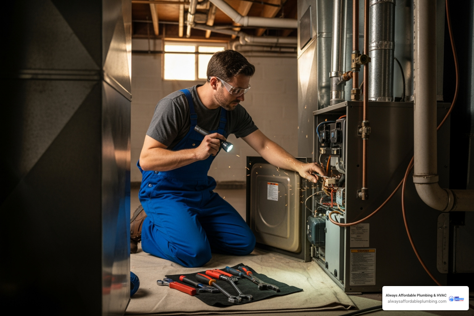 Infographic showing the warning signs your Sacramento heater needs professional repair: rattling or banging noises, burning smells, yellow pilot light flame, uneven room temperatures, frequent on-off cycling, and sudden increases in utility bills - heating repair in sacramento ca