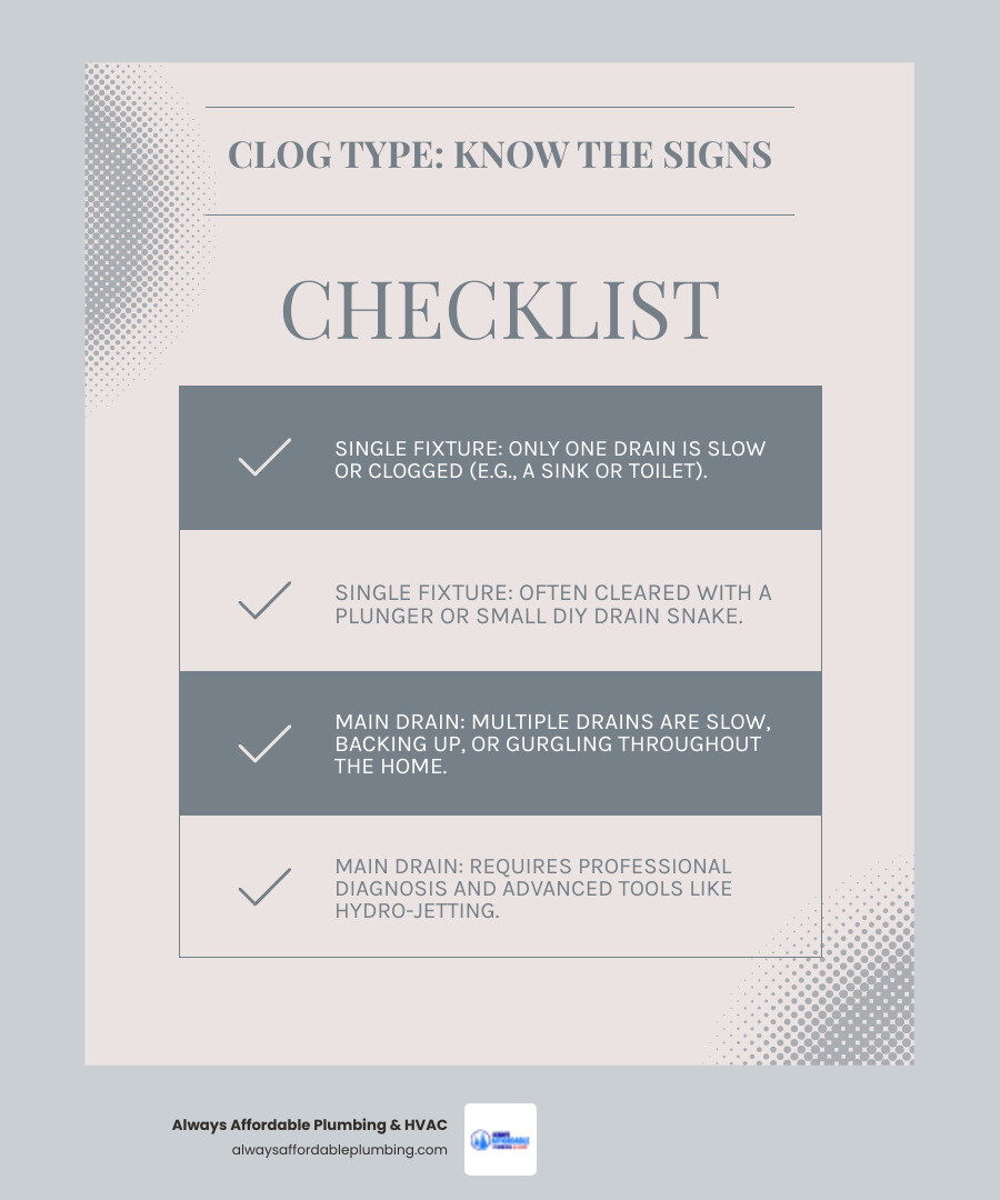 Infographic showing the difference between single fixture clogs and main drain line clogs, with visual indicators like one slow drain versus multiple slow drains, localized odors versus whole-house sewage smells, and simple plunger fixes versus professional hydro jetting equipment - "I need a professional service for cleaning out clogged underground drain pipes in West Sacramento." infographic checklist-light-blue-grey