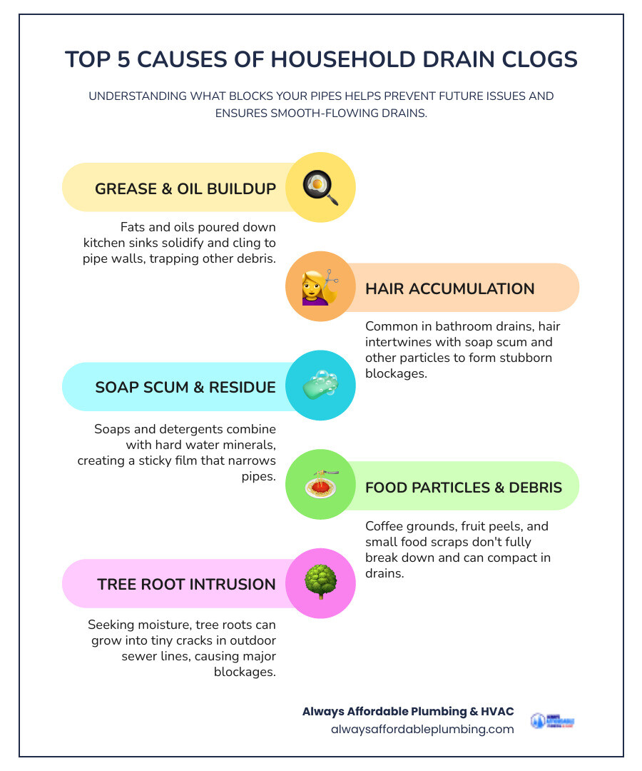 infographic showing the top 5 causes of drain clogs: grease and oil buildup, hair accumulation, soap scum and residue, food particles and debris, and tree root intrusion - best drain cleaning in roseville, ca infographic infographic-line-5-steps-colors infographic showing the top 5 causes of drain clogs: grease and oil buildup, hair accumulation, soap scum and residue, food particles and debris, and tree root intrusion - best drain cleaning in roseville, ca infographic infographic-line-5-steps-colors