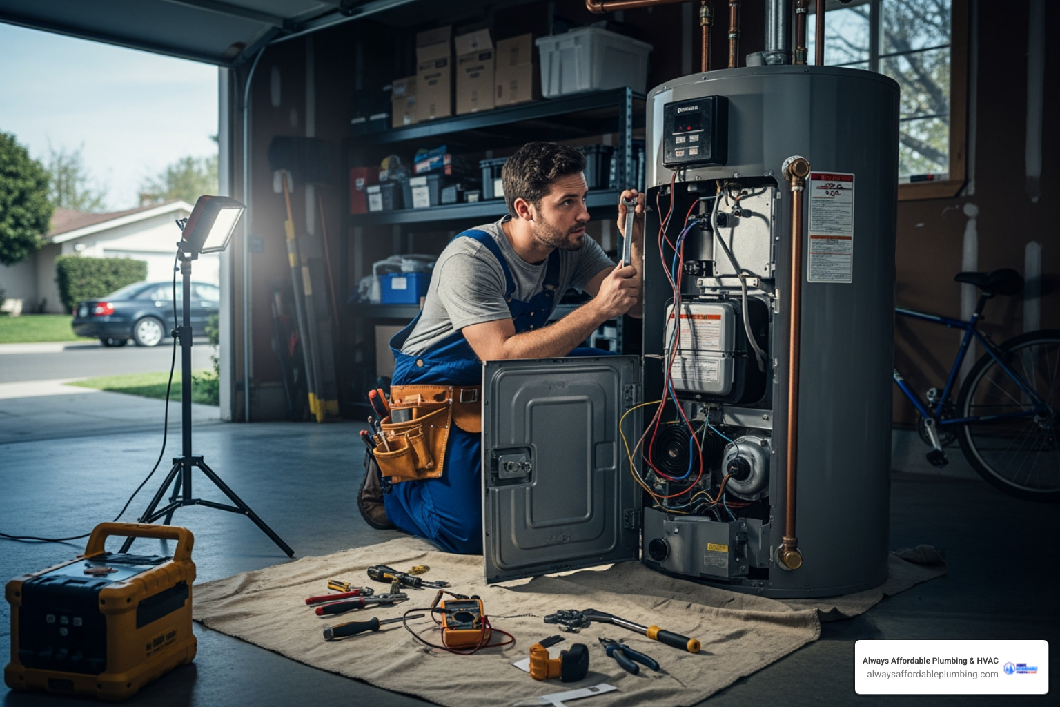 Infographic showing five key signs of a water heater emergency: a house icon with a water droplet representing major leaks, a crossed-out flame symbol for no hot water, sound waves indicating loud banging noises, a gas cloud icon for sulfur smells, and rusty water drops for discolored water - emergency water heater repair in elk grove, ca