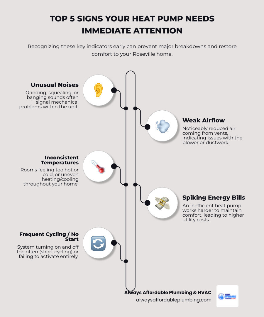 Infographic showing the top 5 signs your heat pump needs immediate attention in Roseville: unusual grinding or squealing noises, weak or inconsistent airflow, uneven temperatures throughout your home, unexplained spikes in energy bills, and frequent on-off cycling or a system that won't start - heat pump repair in roseville ca infographic infographic-line-5-steps-elegant_beige