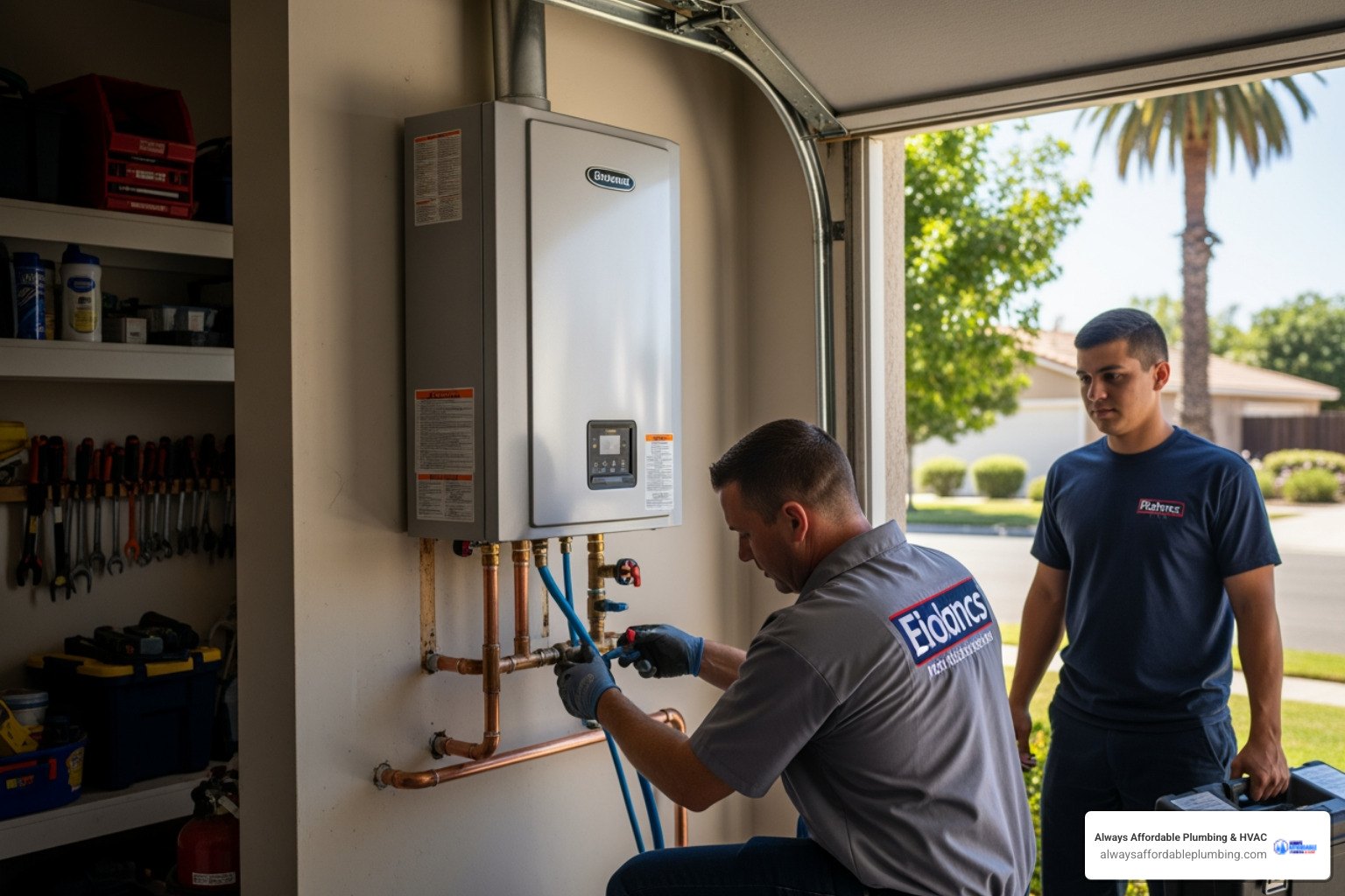 Infographic comparing traditional tank water heaters to tankless water heaters showing how tank heaters continuously heat and store 40-50 gallons of water with standby heat loss versus tankless heaters that heat water on-demand only when needed using a heat exchanger with no storage tank resulting in energy efficiency and endless hot water supply - affordable tankless water heater installation in sacramento, ca