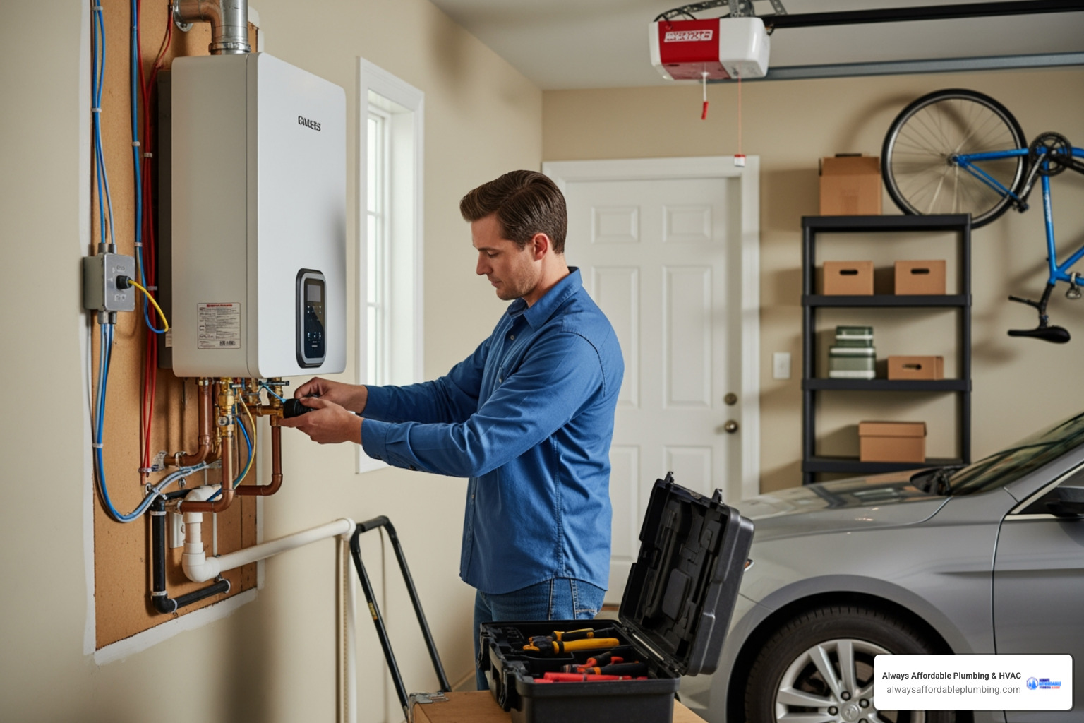 Infographic showing traditional tank water heater with stored water being constantly heated versus tankless unit heating water on-demand as it flows through, highlighting energy waste eliminated and space saved - affordable tankless water heater installation in roseville, ca