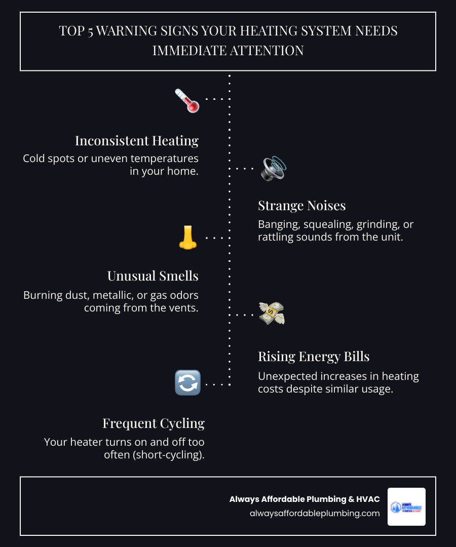 infographic showing top 5 warning signs your heating system needs immediate attention including inconsistent heating, strange noises, unusual smells, rising energy bills, and frequent cycling - affordable heating repair in sacramento, ca infographic infographic-line-5-steps-dark