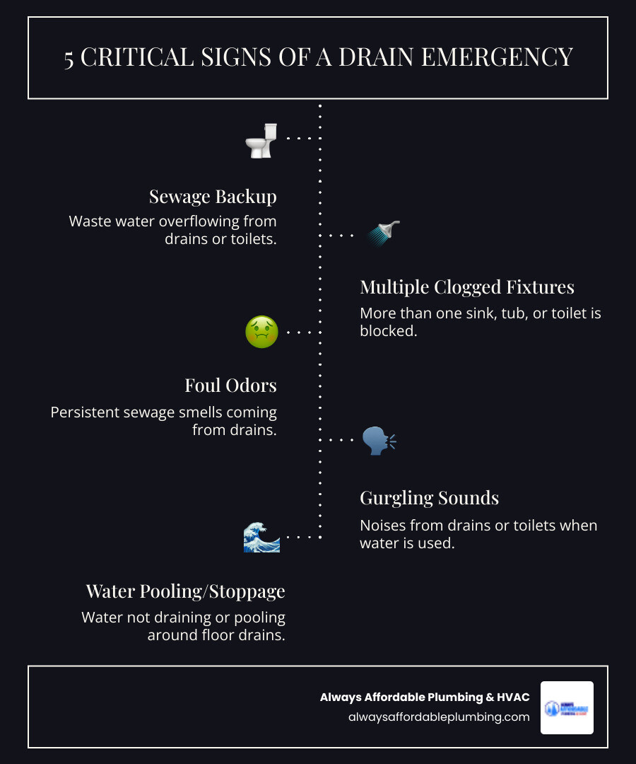 An infographic explaining the 5 critical signs of a drain emergency: sewage backup, multiple clogged fixtures, foul odors, gurgling sounds from drains, and water pooling around floor drains, each with a clear warning icon and brief explanation - same day drain cleaning in sacramento, ca infographic infographic-line-5-steps-dark
