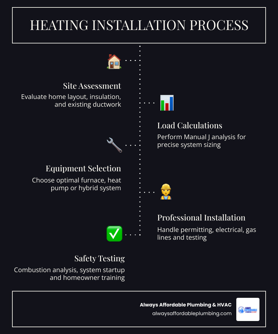 Infographic showing the residential heating installation process including site assessment, load calculations, equipment selection, ductwork modifications, professional installation, safety testing, and post-installation maintenance requirements - heating installation in roseville ca infographic infographic-line-5-steps-dark