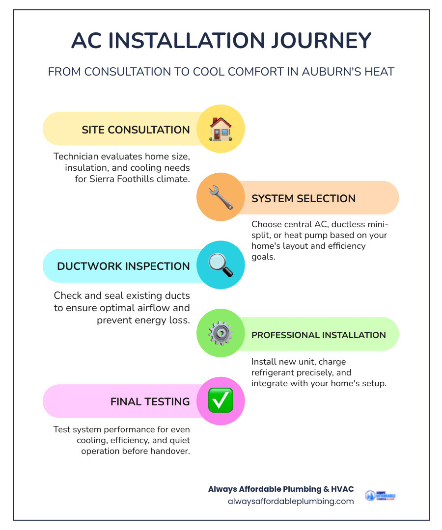 Infographic showing the AC installation journey from consultation to final cooling in Auburn CA - ac installation services