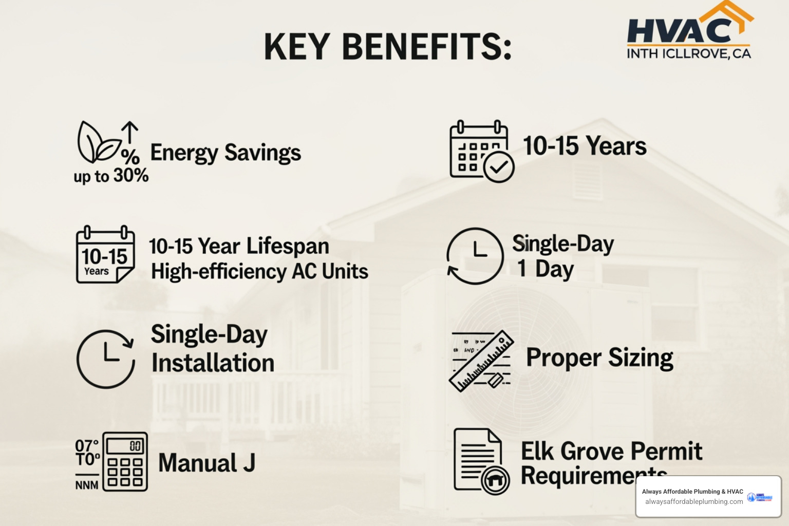 Infographic showing key benefits of high-efficiency AC installation in Elk Grove CA homes - ac installation services in elk