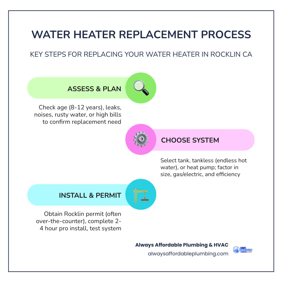 Infographic showing Rocklin water heater replacement process steps, types, permits, and rebates - water heater replacement
