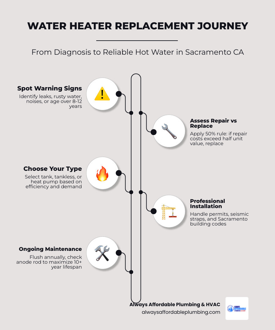 Infographic showing water heater replacement journey from diagnosis to installation in Sacramento CA - water heater