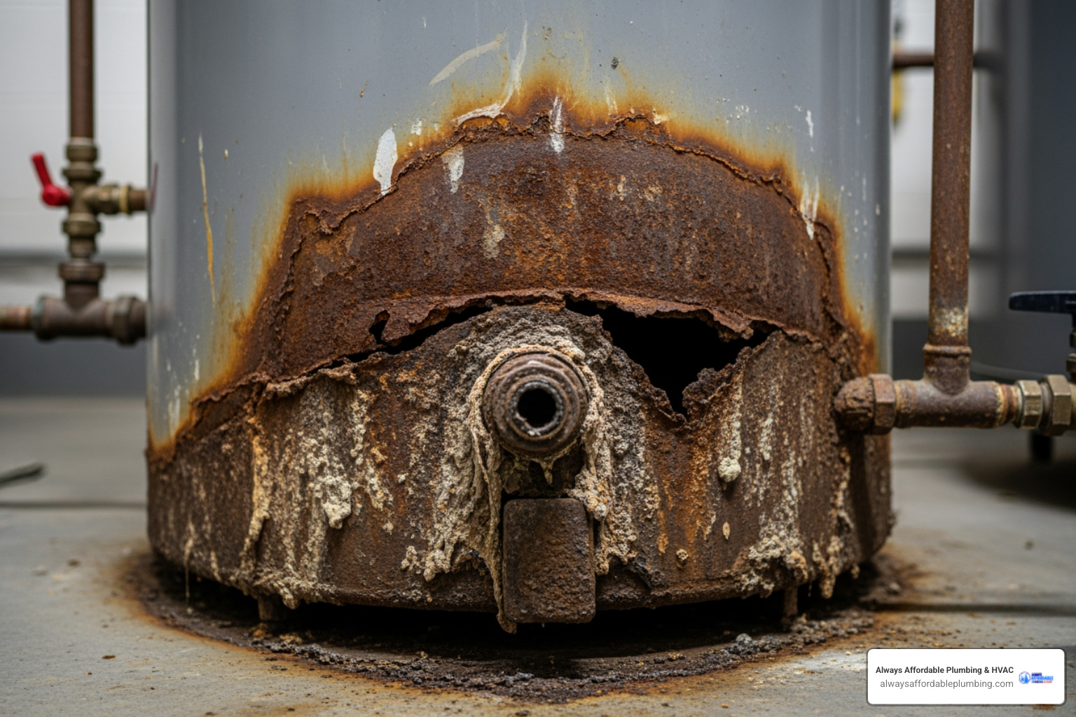 Corroded commercial water heater tank showing signs of rust and mineral deposits at the base - commercial water heater