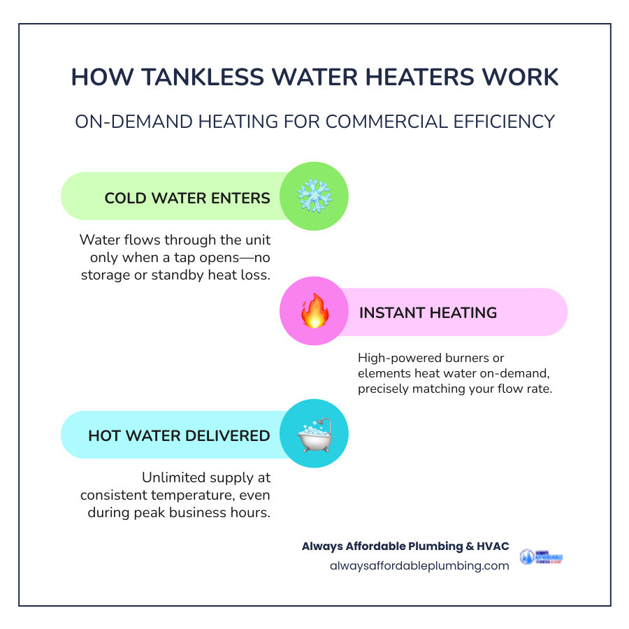Infographic showing commercial tankless water heater flow-through heating process and key business benefits - commercial
