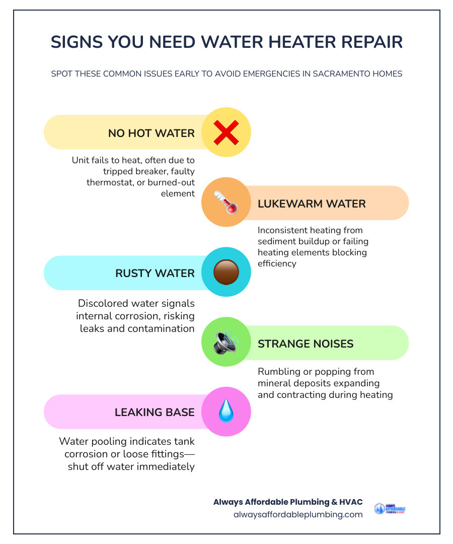 Infographic showing signs of water heater failure, repair vs replace checklist, and Sacramento maintenance tips - water