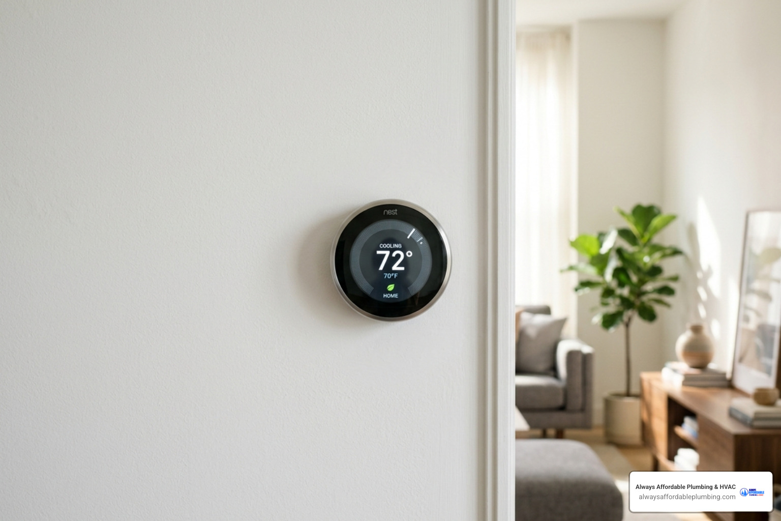 digital smart thermostat on a clean wall showing a comfortable indoor temperature - how a new hvac system increases home