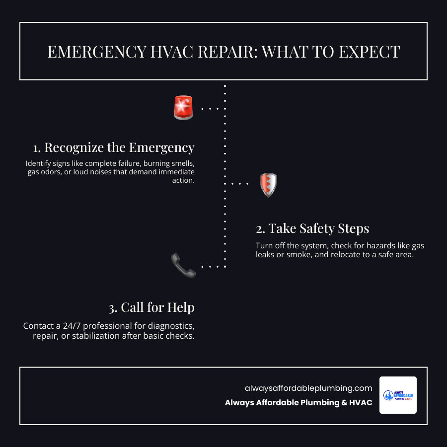 Emergency HVAC repair workflow infographic: recognize emergency, safety steps, DIY checks, call technician, diagnosis