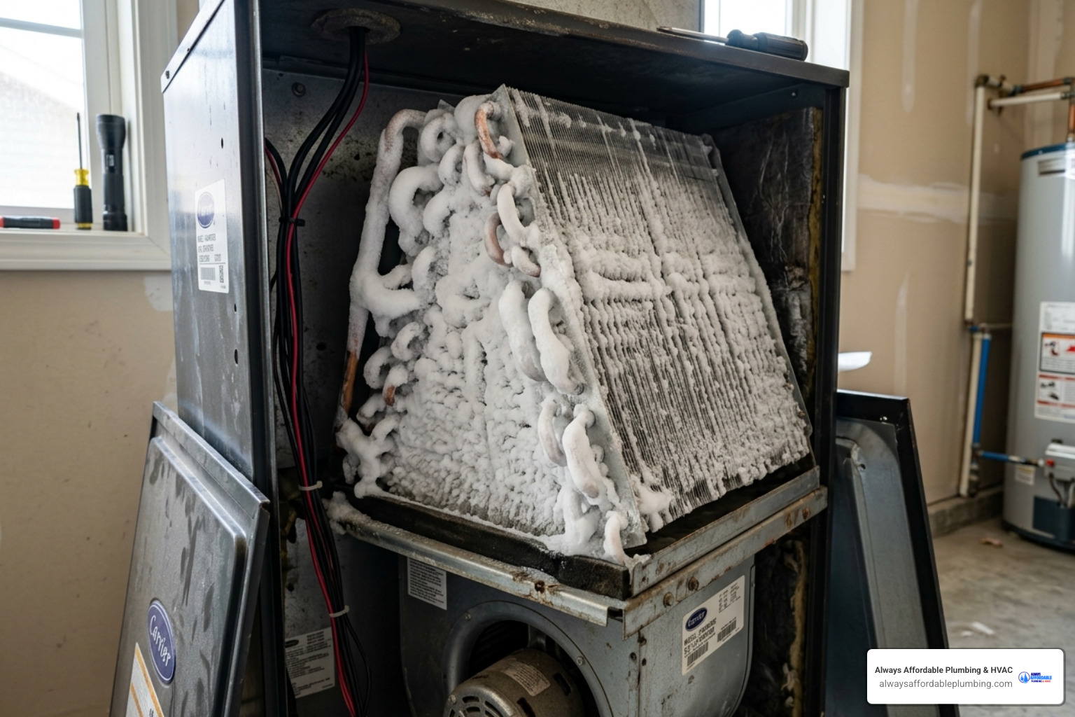 A frozen evaporator coil covered in a thick layer of white frost and ice inside an HVAC cabinet - emergency hvac repair what