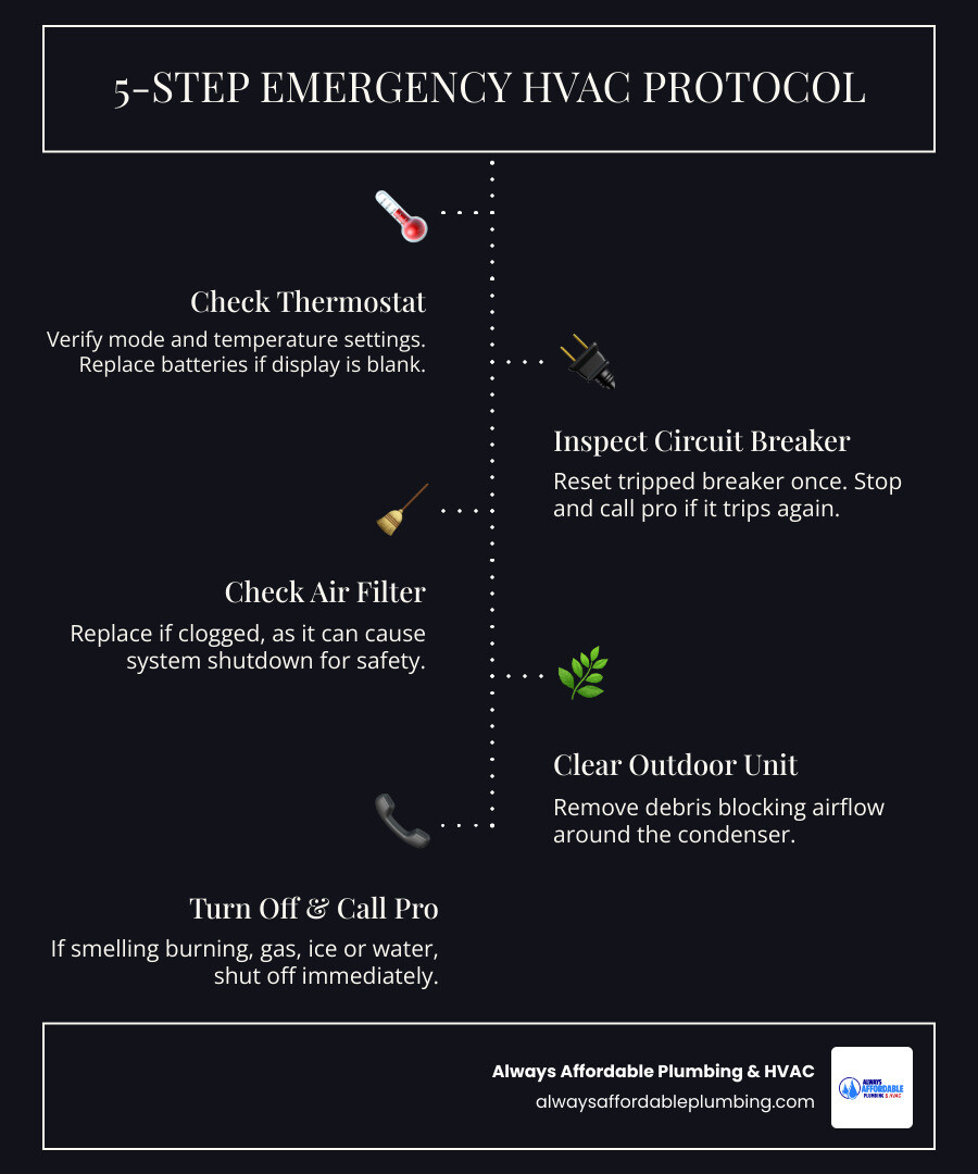5-step emergency HVAC protocol infographic: check thermostat, inspect breaker, check filter, clear outdoor unit, call a pro