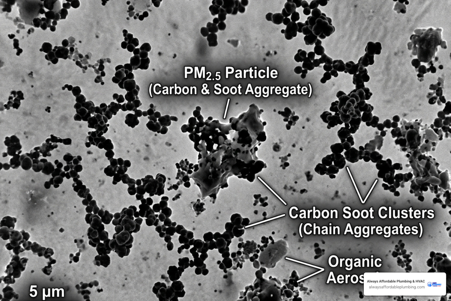 microscopic view of smoke pollutants including PM2.5 and carbon particles - how wildfire smoke affects your indoor air