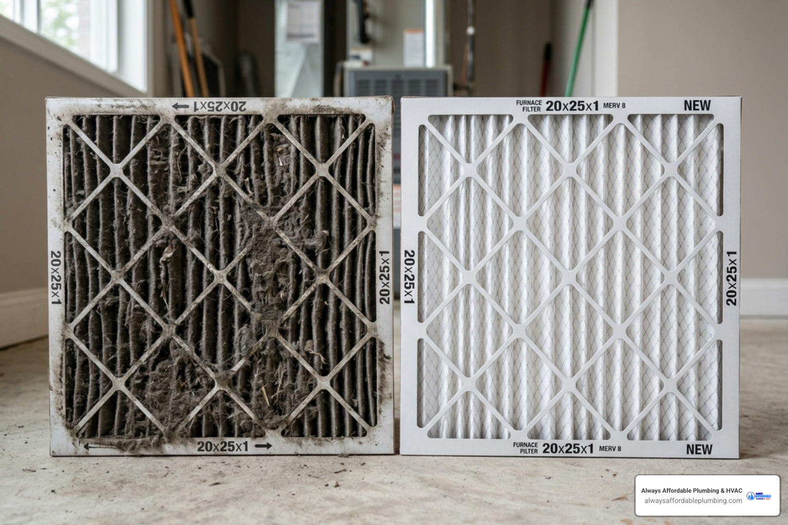 A side-by-side comparison of a heavily soiled, grey HVAC filter and a brand-new, bright white pleated filter - how often