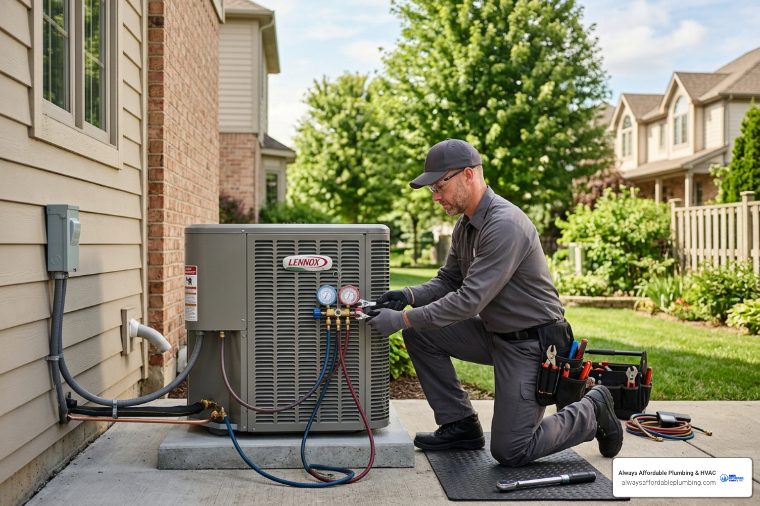 technician installing an outdoor condenser unit for a home cooling system - mini split vs central ac cost comparison