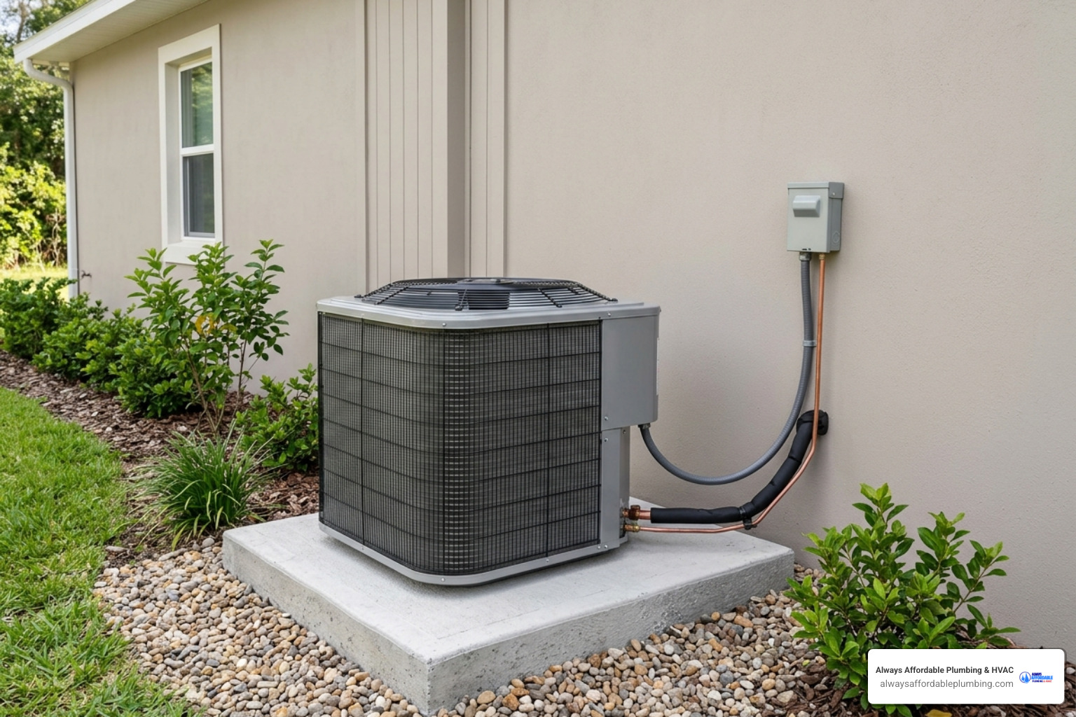 Outdoor HVAC condenser unit sitting on a concrete pad next to a clean residential wall - central ac vs ductless mini split