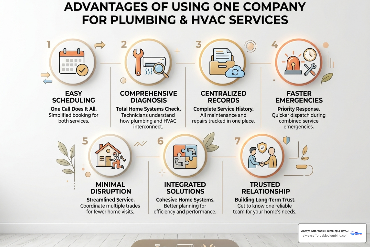 Infographic showing 7 key advantages of using one company for both plumbing and HVAC services - advantages of one company