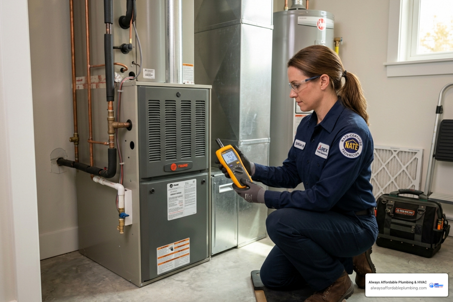 A professional NATE-certified technician wearing a clean uniform and using a digital gauge to perform a precision HVAC A professional NATE-certified technician wearing a clean uniform and using a digital gauge to perform a precision HVAC