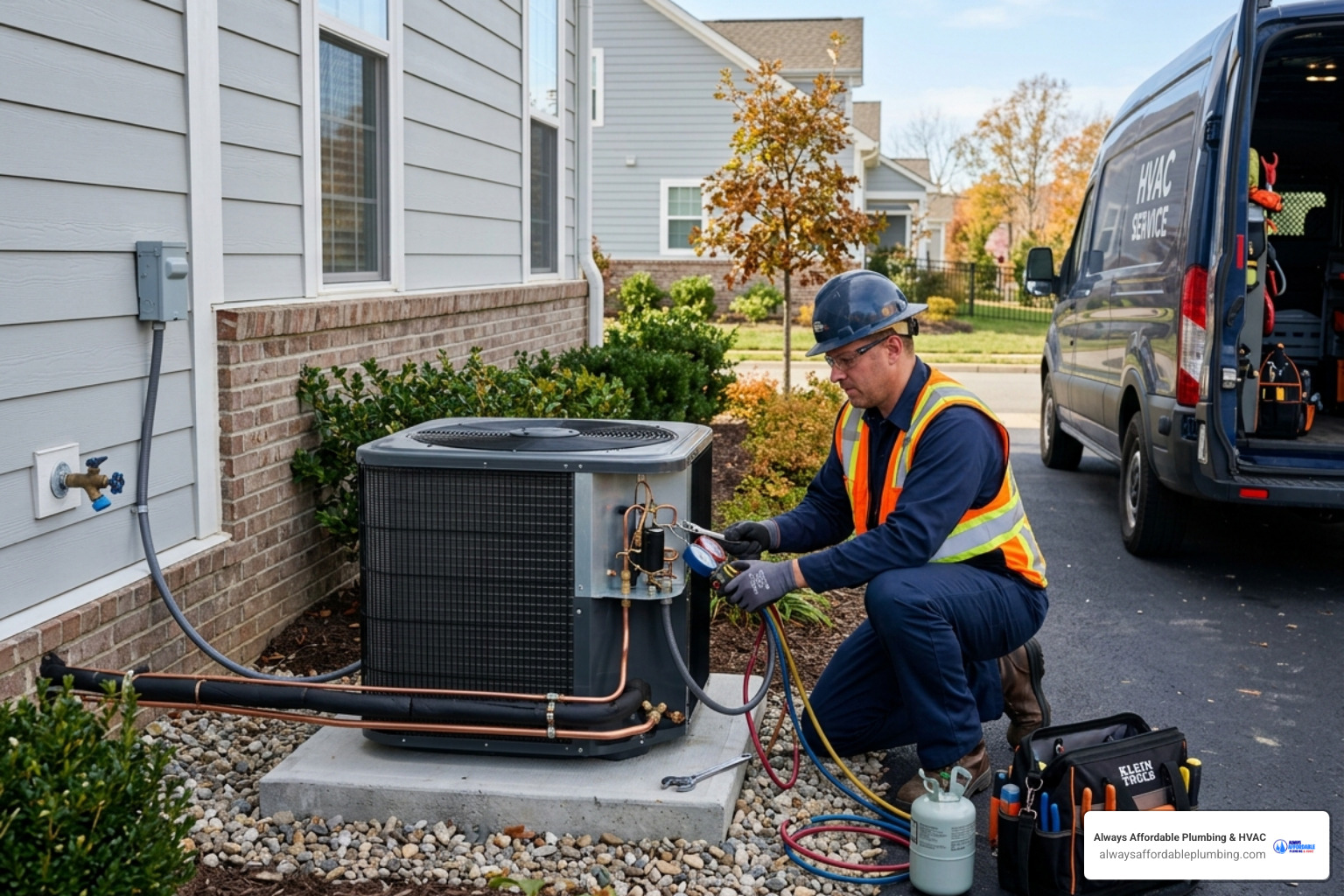 Technician installing a modern high-efficiency heat pump outdoor unit - california energy rebates for hvac and plumbing Technician installing a modern high-efficiency heat pump outdoor unit - california energy rebates for hvac and plumbing