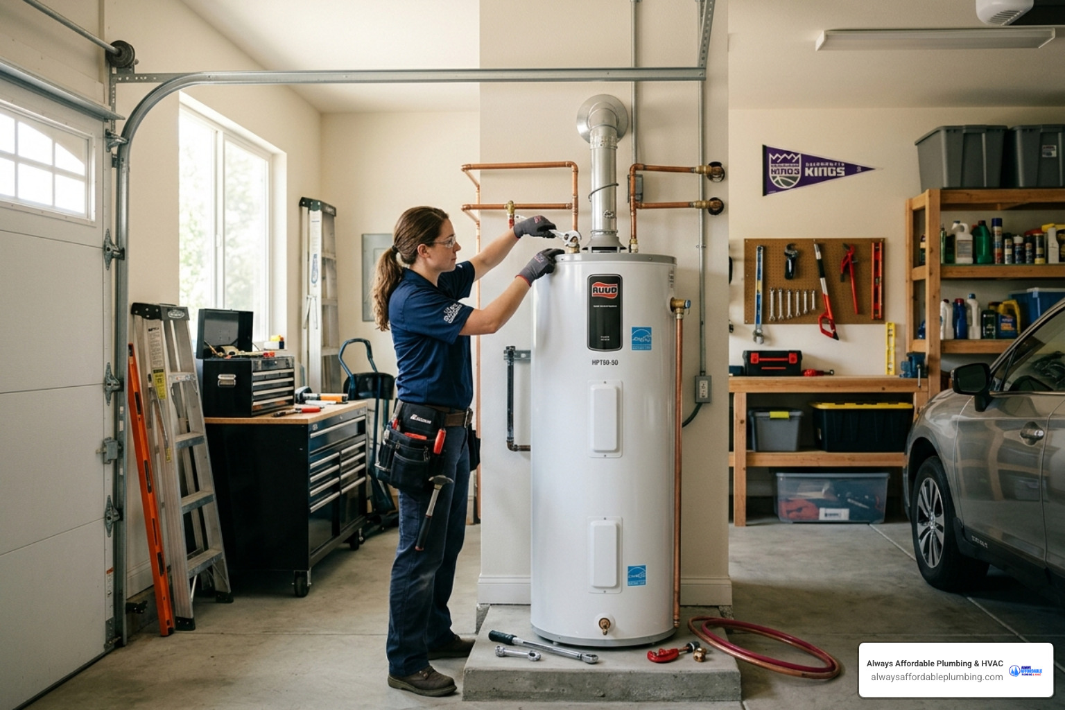 Technician installing a high-efficiency heat pump water heater in a Sacramento garage - smud and pge rebates for sacramento Technician installing a high-efficiency heat pump water heater in a Sacramento garage - smud and pge rebates for sacramento