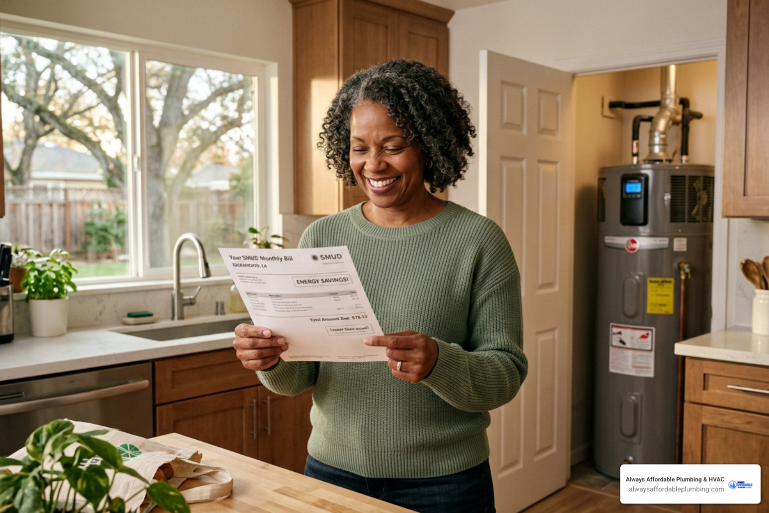 A homeowner in Sacramento looking at their monthly energy bill and smiling after a heat pump installation - federal tax A homeowner in Sacramento looking at their monthly energy bill and smiling after a heat pump installation - federal tax