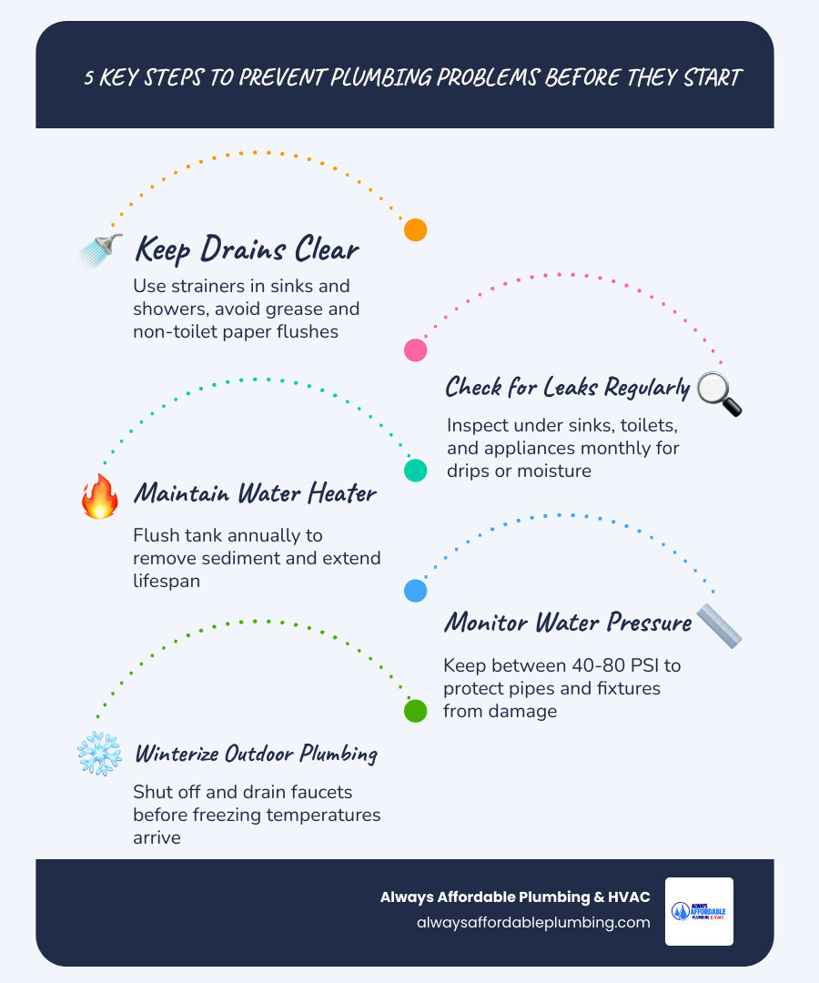 Infographic showing key plumbing prevention steps, water waste stats, and maintenance schedule for homeowners - how to Infographic showing key plumbing prevention steps, water waste stats, and maintenance schedule for homeowners - how to