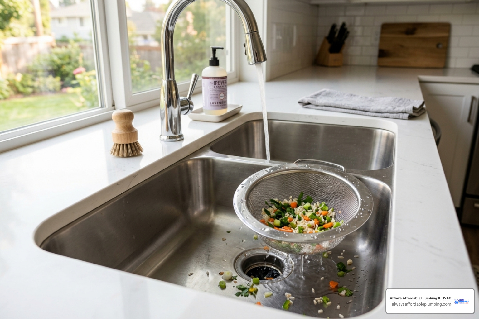 a clean kitchen sink with a stainless steel drain strainer catching food debris - how to prevent plumbing problems before a clean kitchen sink with a stainless steel drain strainer catching food debris - how to prevent plumbing problems before