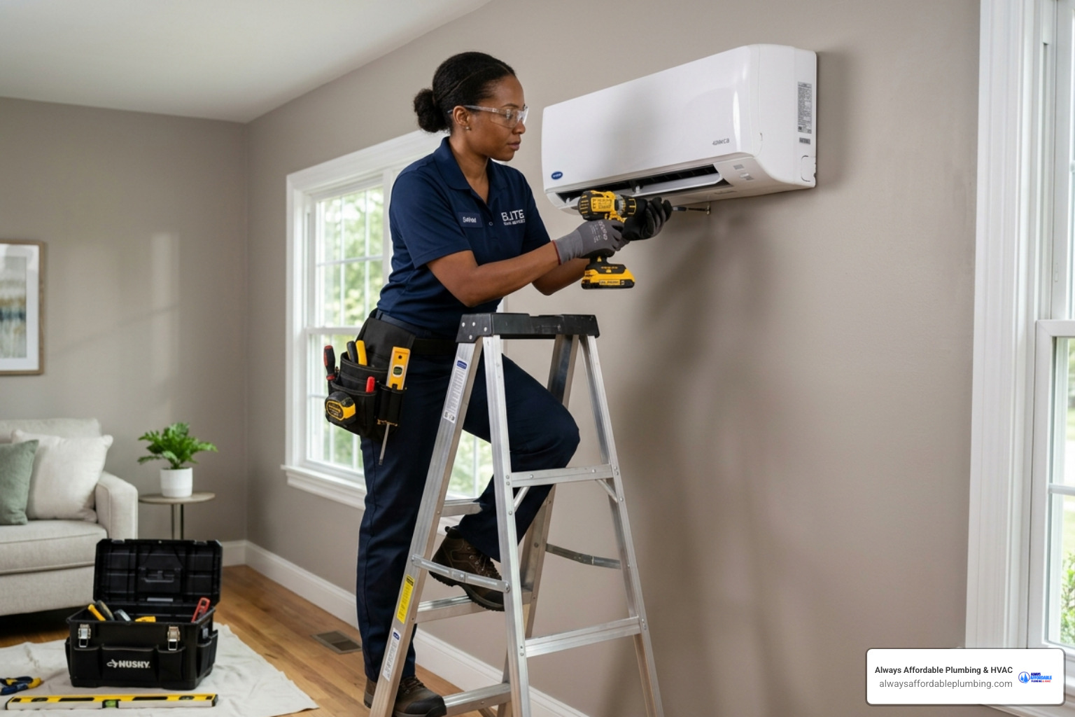 Professional HVAC technician mounting an indoor air handler on a wall - mini split benefits for sacramento area homeowners Professional HVAC technician mounting an indoor air handler on a wall - mini split benefits for sacramento area homeowners