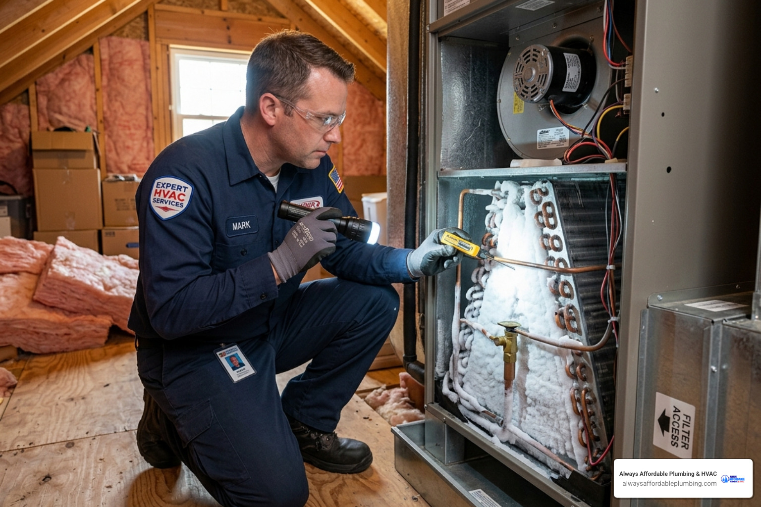 Technician inspecting a frozen evaporator coil on an HVAC unit - how proper hvac sizing affects comfort and efficiency Technician inspecting a frozen evaporator coil on an HVAC unit - how proper hvac sizing affects comfort and efficiency