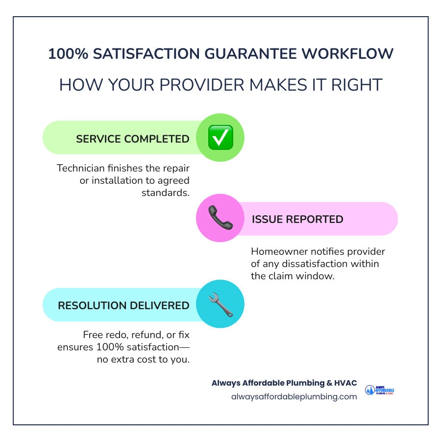 Infographic showing the 100% satisfaction guarantee workflow: hire provider, service completed, issue reported, redo or