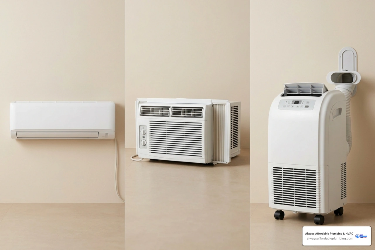 various cooling units side-by-side including mini-splits, window units, and portable ACs - adding cooling without ductwork