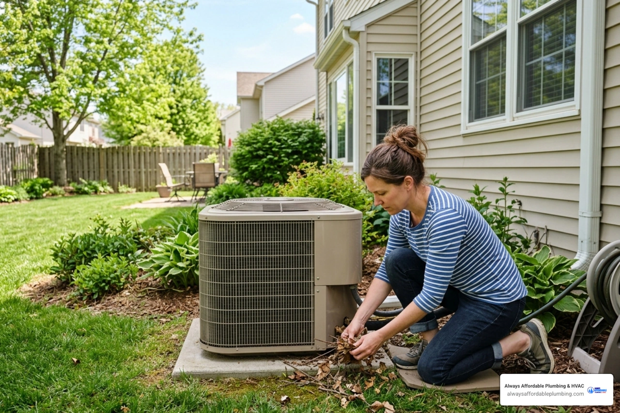 A homeowner inspecting an outdoor condenser unit for debris - how to maintain your heating and cooling system