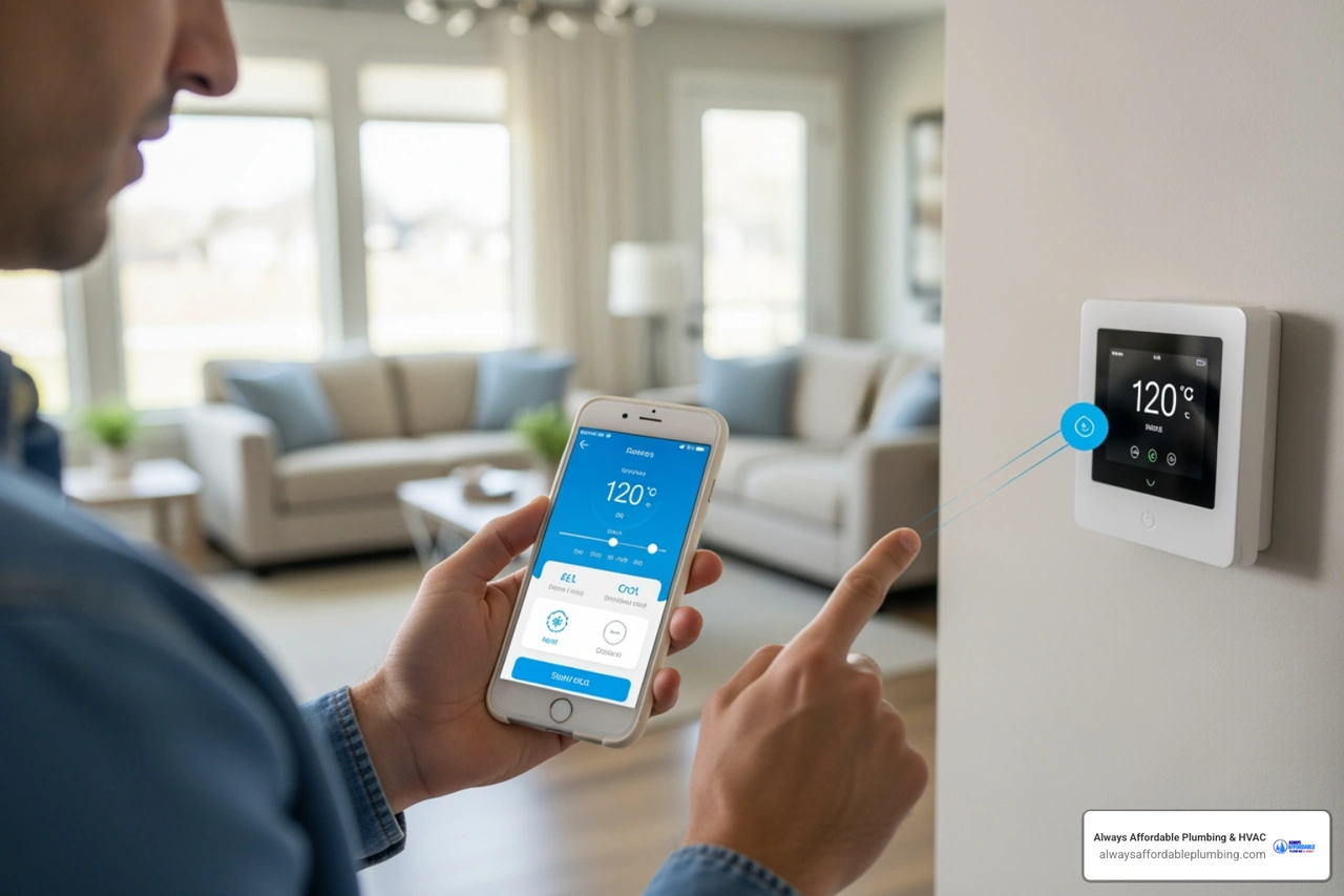 A homeowner using a smartphone to adjust a smart thermostat in a bright living room