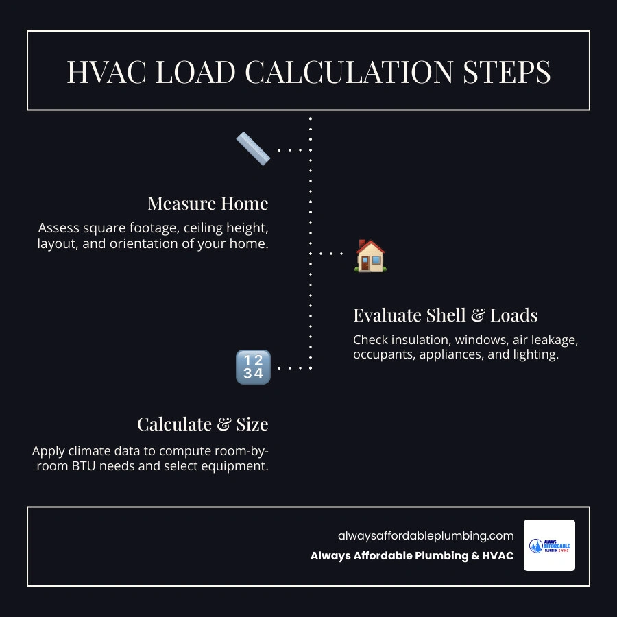 Infographic showing the 5 steps of an HVAC load calculation from home measurement to equipment selection with icons for