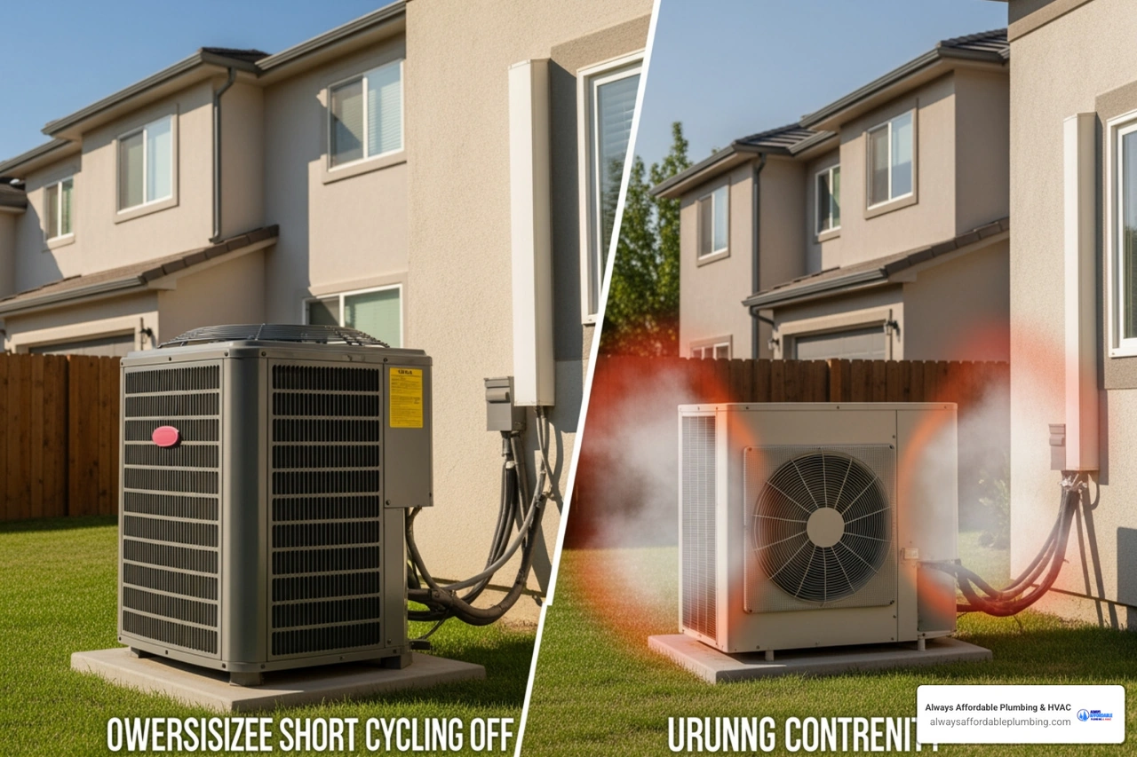 Split image showing symptoms of oversized HVAC system short cycling and undersized system running constantly