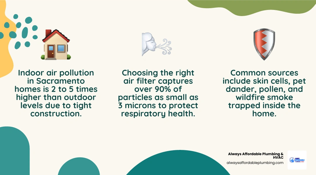 Infographic showing top home air filter types, MERV ratings, ideal uses, and recommended replacement schedules infographic
