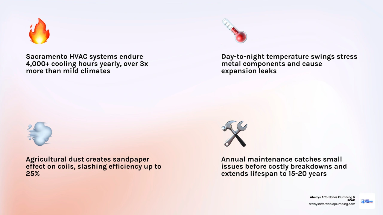 Infographic showing how Sacramento Valley heat, dust, and temperature swings stress HVAC systems and how maintenance helps