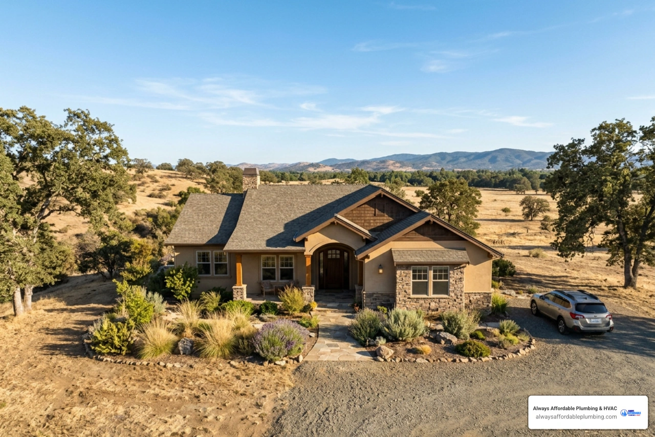 A beautiful home in the dry Sacramento Valley landscape surrounded by local vegetation